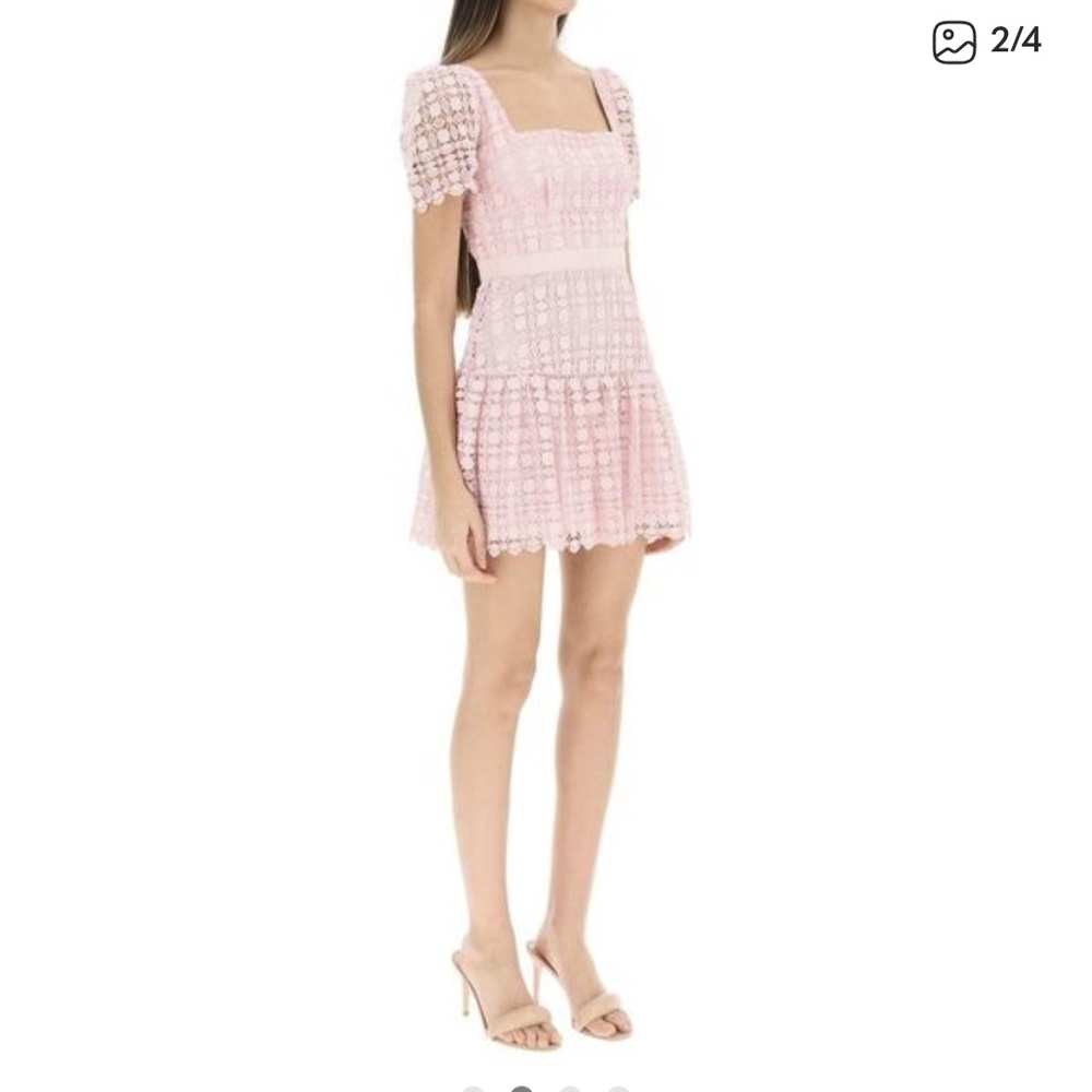 Self-Portrait Blush Pink Lace Mini Dress with Puff Sleeves